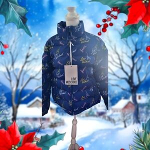 Love Moschino Blue Puffer Jacket with High Collar